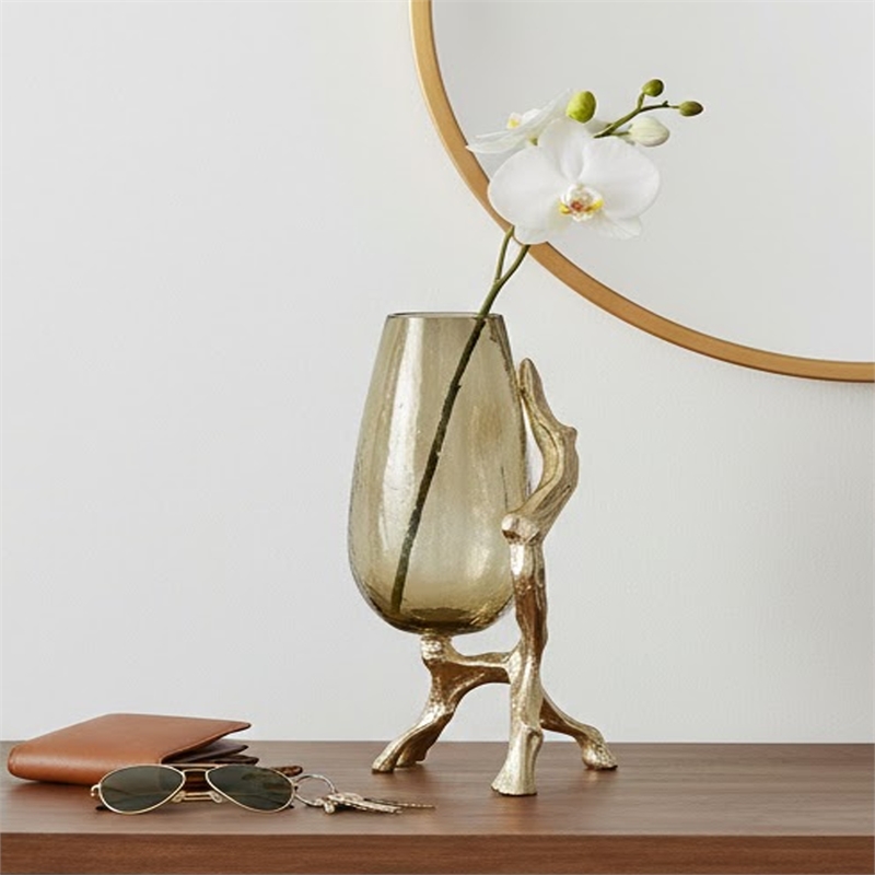 Dyna Decorative Vase with Branch Style Base- Aluminum- Gold Glass 18 Inch
