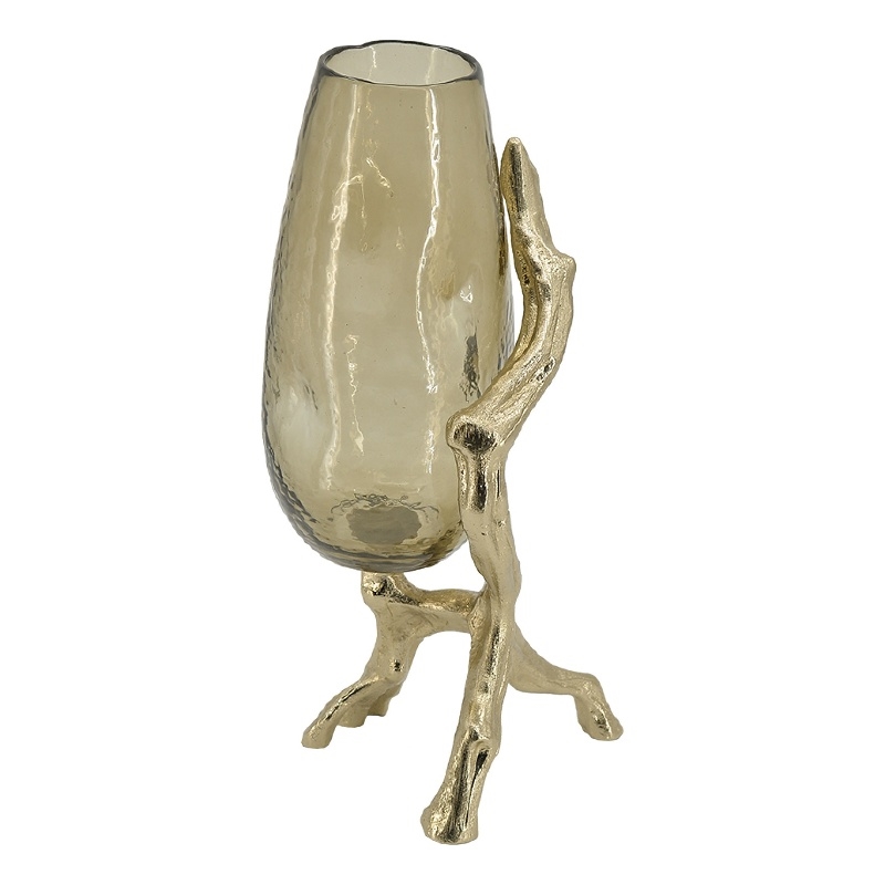 Dyna Decorative Vase with Branch Style Base- Aluminum- Gold Glass 18 Inch