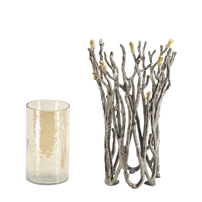 Akira Vase- Twig Inspired Frame- Aluminum-Glass- Silver-Gold- 14 Inch