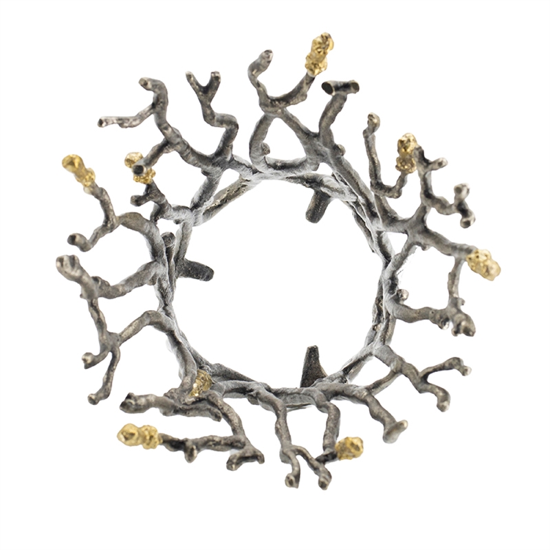 Akira Vase- Twig Inspired Frame- Aluminum-Glass- Silver-Gold- 14 Inch