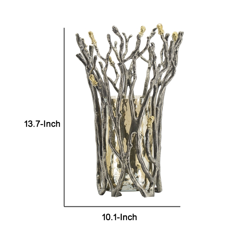 Akira Vase- Twig Inspired Frame- Aluminum-Glass- Silver-Gold- 14 Inch