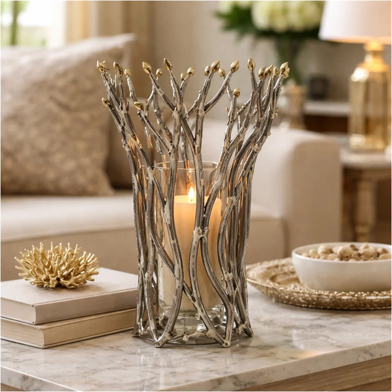 Akira Vase- Twig Inspired Frame- Aluminum-Glass- Silver-Gold- 14 Inch