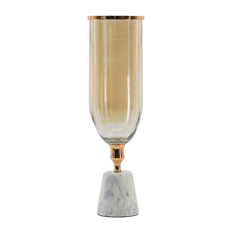 Kylie Decorative Vase with White Marble Base- Aluminum- Gold Glass 19 Inch