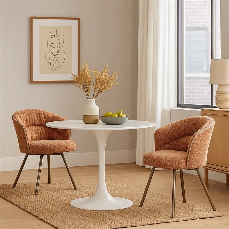 Ladi Dining Side Chair Set of 2- Rust Orange Boucle- Metal Angled Legs