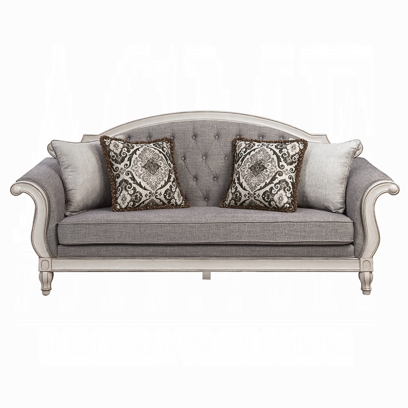 Fil Classic Sofa with 4 Pillow- Button Tufting- Antique White Trim 88 Inch