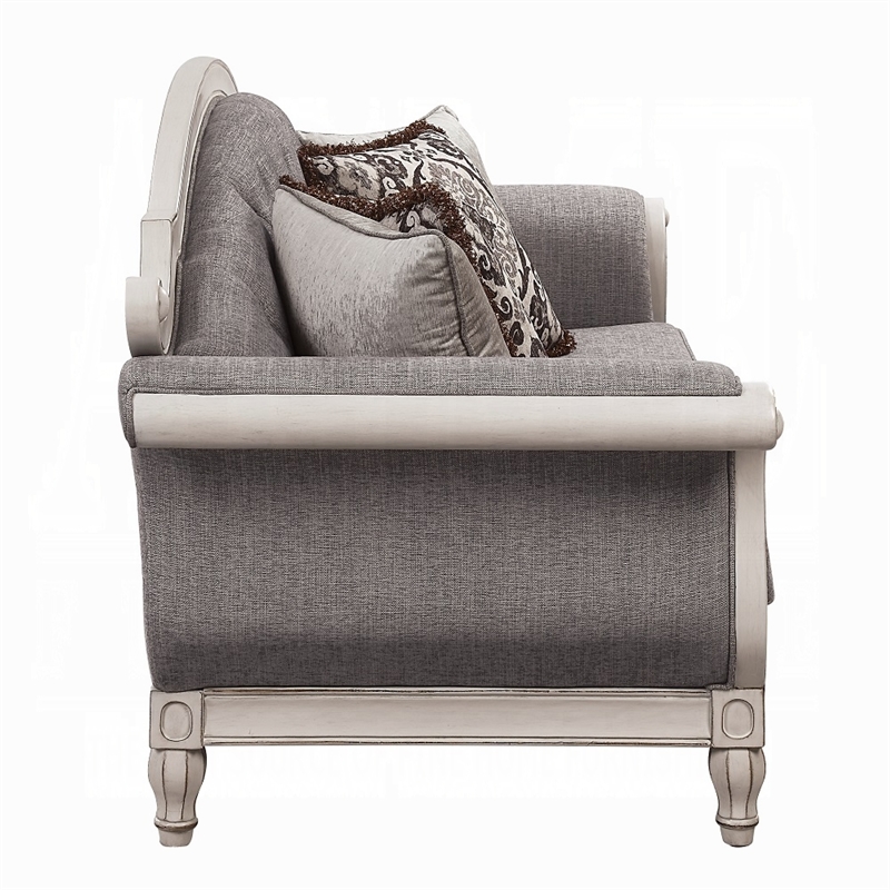 Fil Classic Sofa with 4 Pillow- Button Tufting- Antique White Trim 88 Inch