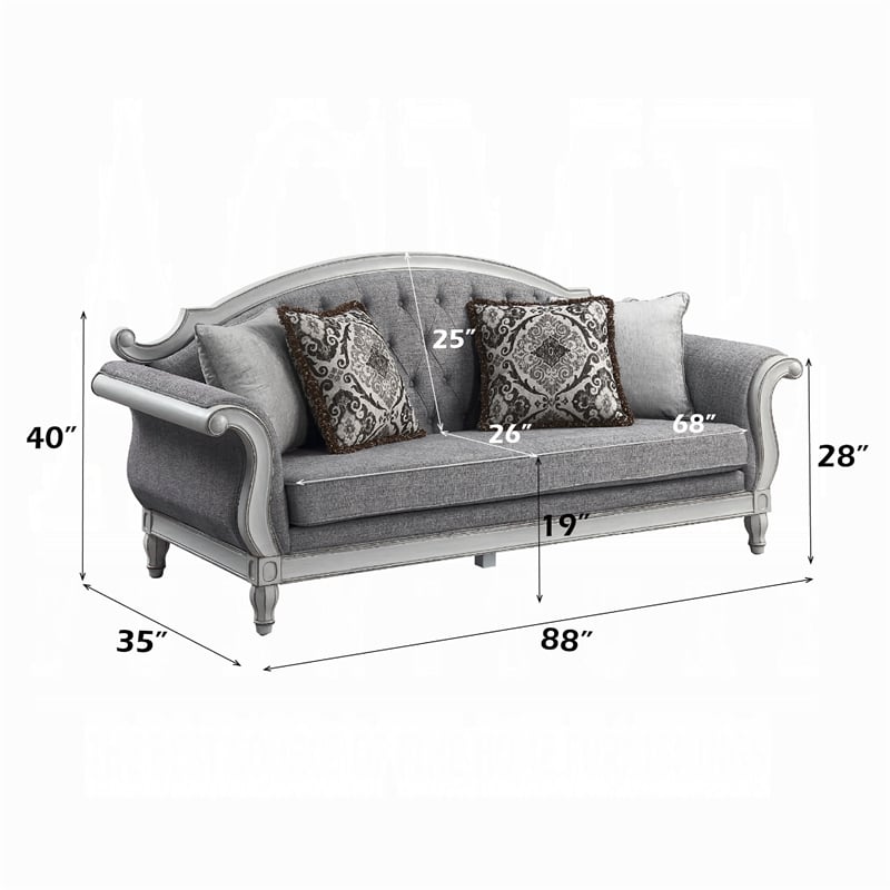 Fil Classic Sofa with 4 Pillow- Button Tufting- Antique White Trim 88 Inch