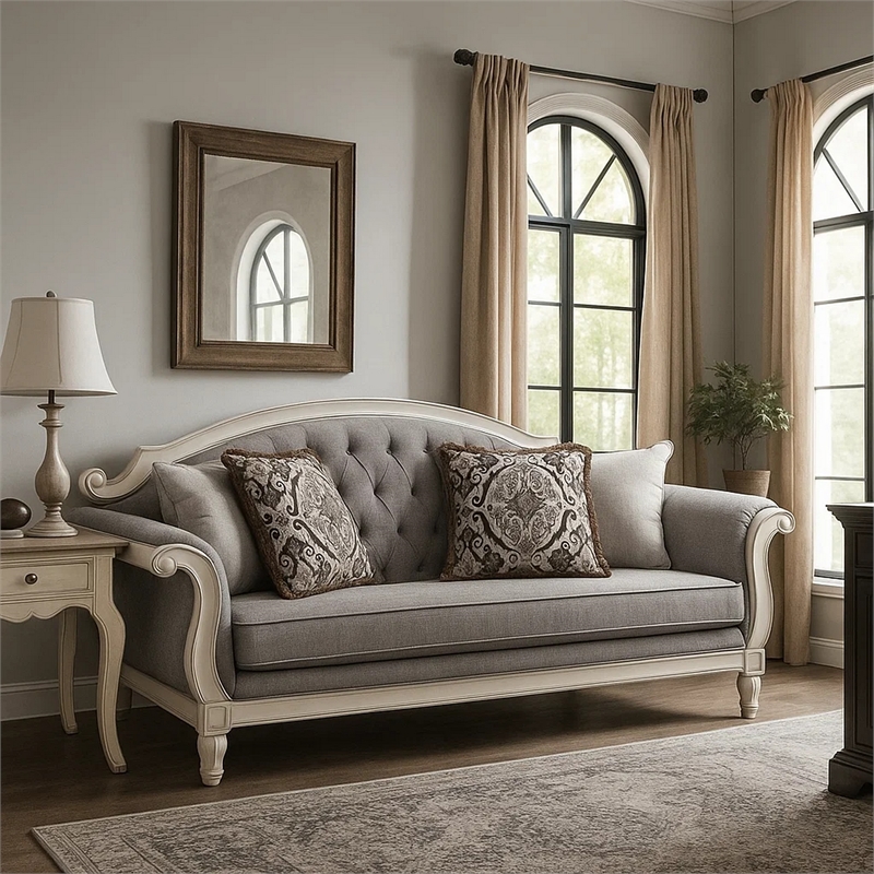 Fil Classic Sofa with 4 Pillow- Button Tufting- Antique White Trim 88 Inch