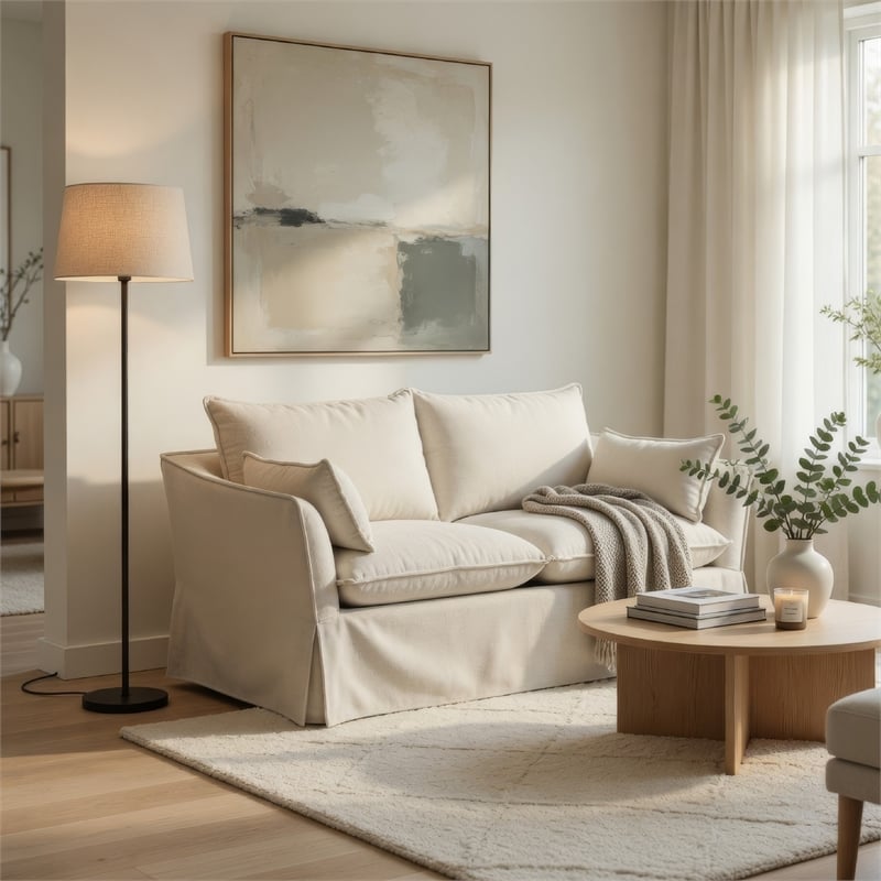 Seya Modern Loveseat with 2 Pillow- Beige Linen Plush Cushions- 58 Inch