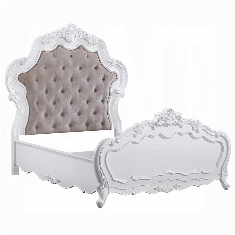 Maver Queen Size Bed- Taupe Upholstered Scalloped Headboard- White
