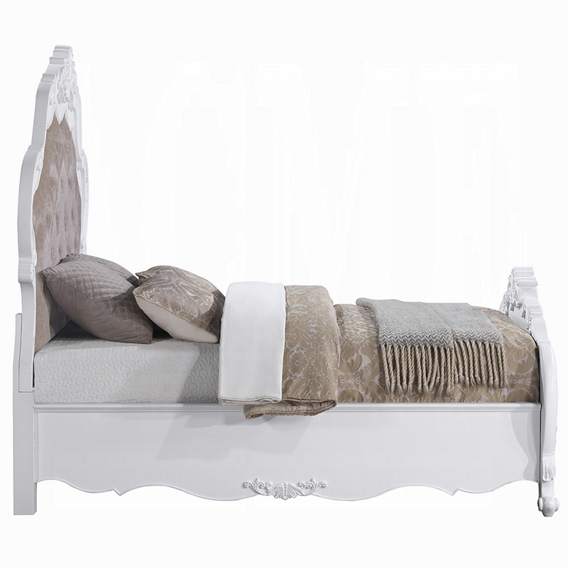 Maver Queen Size Bed- Taupe Upholstered Scalloped Headboard- White