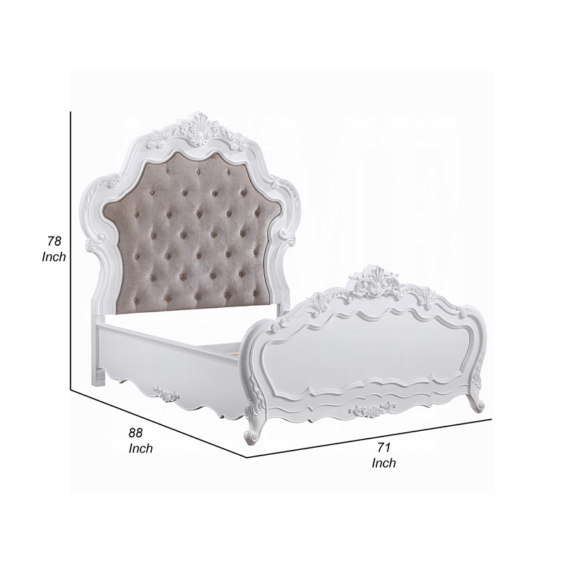 Maver Queen Size Bed- Taupe Upholstered Scalloped Headboard- White