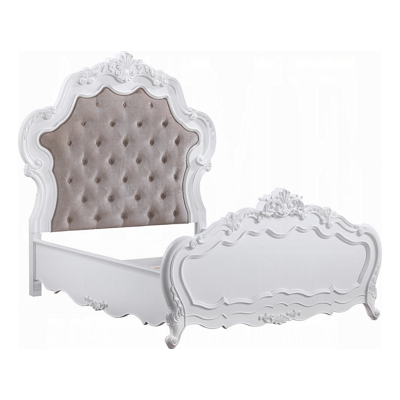 Maver Queen Size Bed- Taupe Upholstered Scalloped Headboard- White