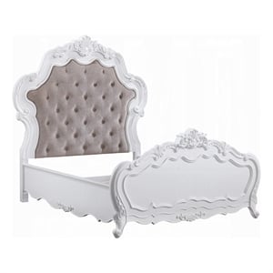 Maver Queen Size Bed- Taupe Upholstered Scalloped Headboard- White