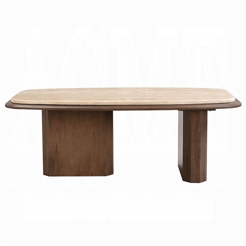 Pery Coffee Table- 51 Inch Beige Travertine Stone Top- Walnut Brown