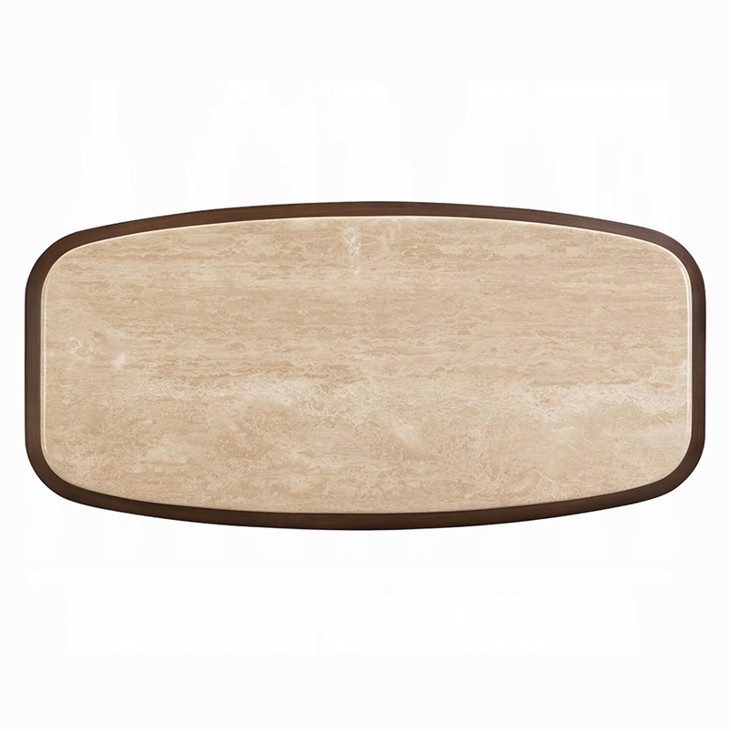 Pery Coffee Table- 51 Inch Beige Travertine Stone Top- Walnut Brown