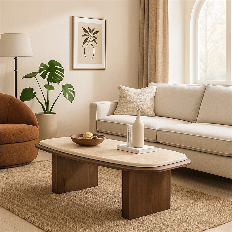Pery Coffee Table- 51 Inch Beige Travertine Stone Top- Walnut Brown