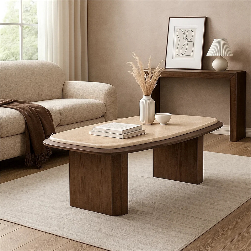 Pery Coffee Table- 51 Inch Beige Travertine Stone Top- Walnut Brown