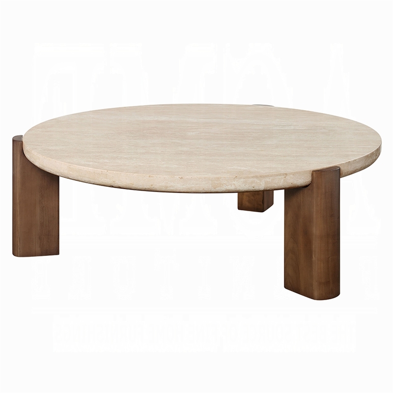 Hery Coffee Table- 40 Inch Round Beige Travertine Stone Top- Oak Brown
