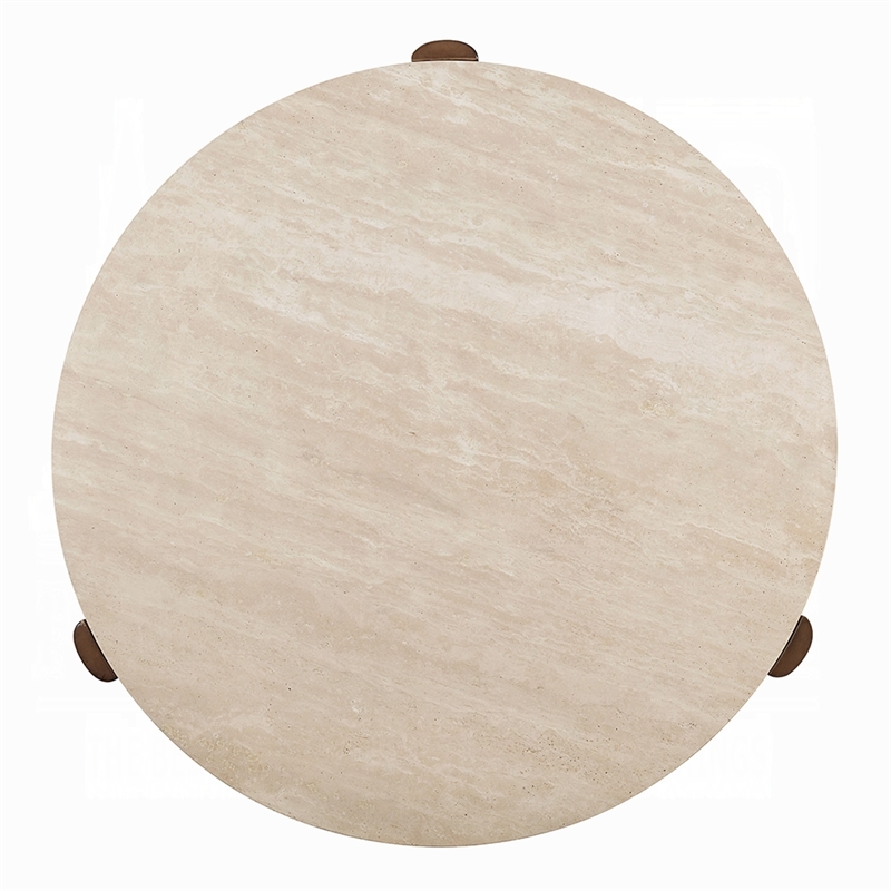 Hery Coffee Table- 40 Inch Round Beige Travertine Stone Top- Oak Brown