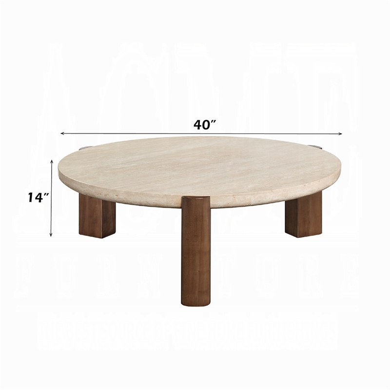 Hery Coffee Table- 40 Inch Round Beige Travertine Stone Top- Oak Brown