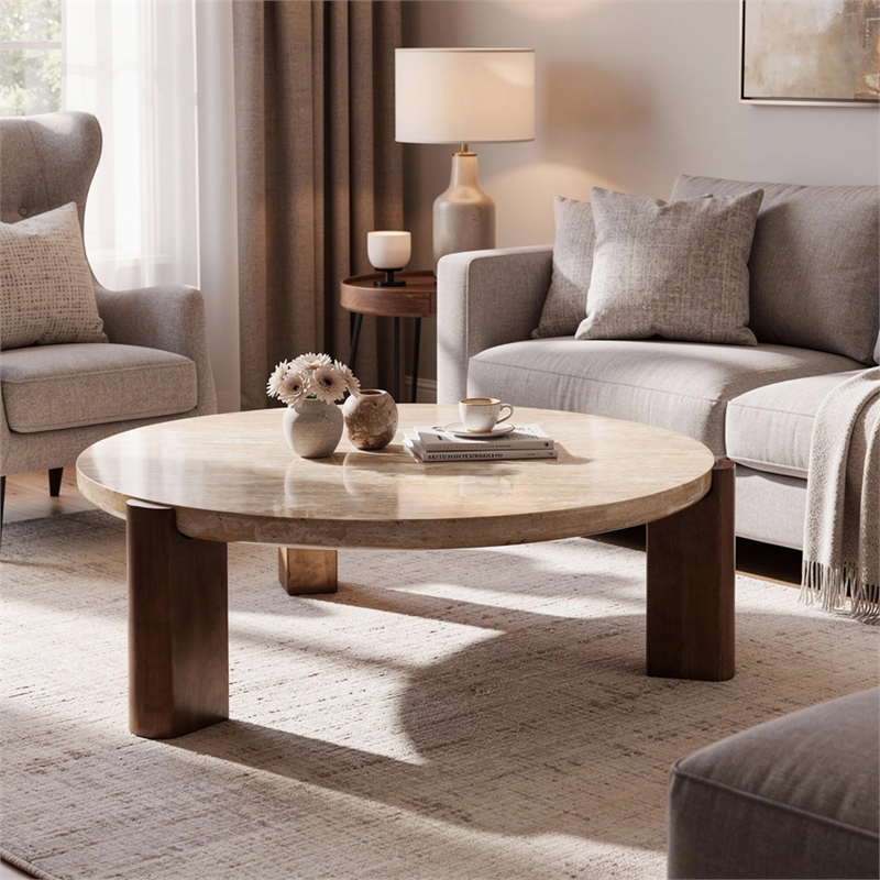 Hery Coffee Table- 40 Inch Round Beige Travertine Stone Top- Oak Brown