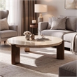 Hery Coffee Table- 40 Inch Round Beige Travertine Stone Top- Oak Brown