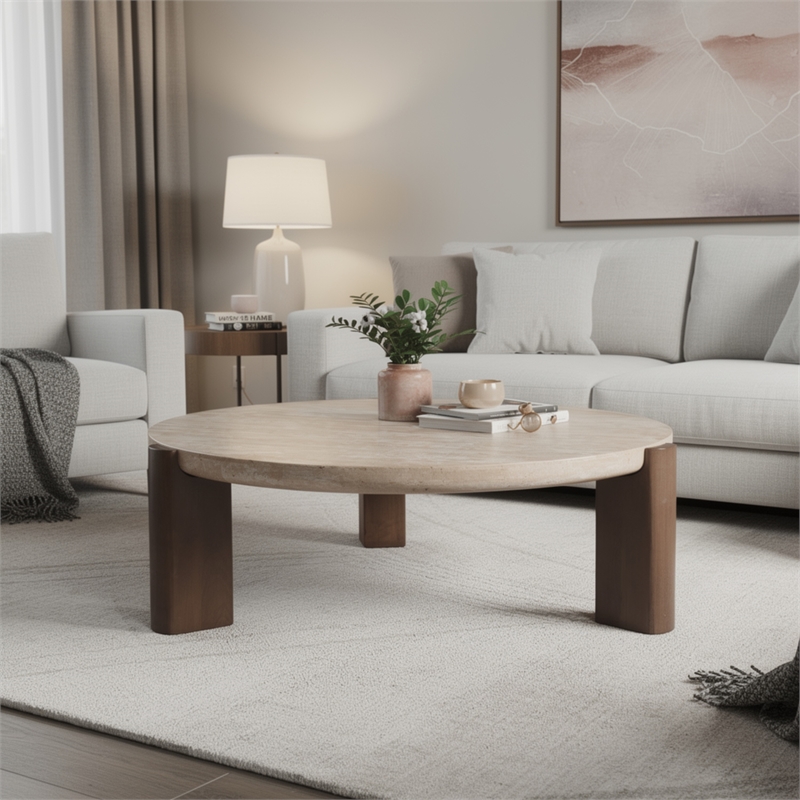 Hery Coffee Table- 40 Inch Round Beige Travertine Stone Top- Oak Brown