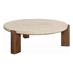 Hery Coffee Table- 40 Inch Round Beige Travertine Stone Top- Oak Brown