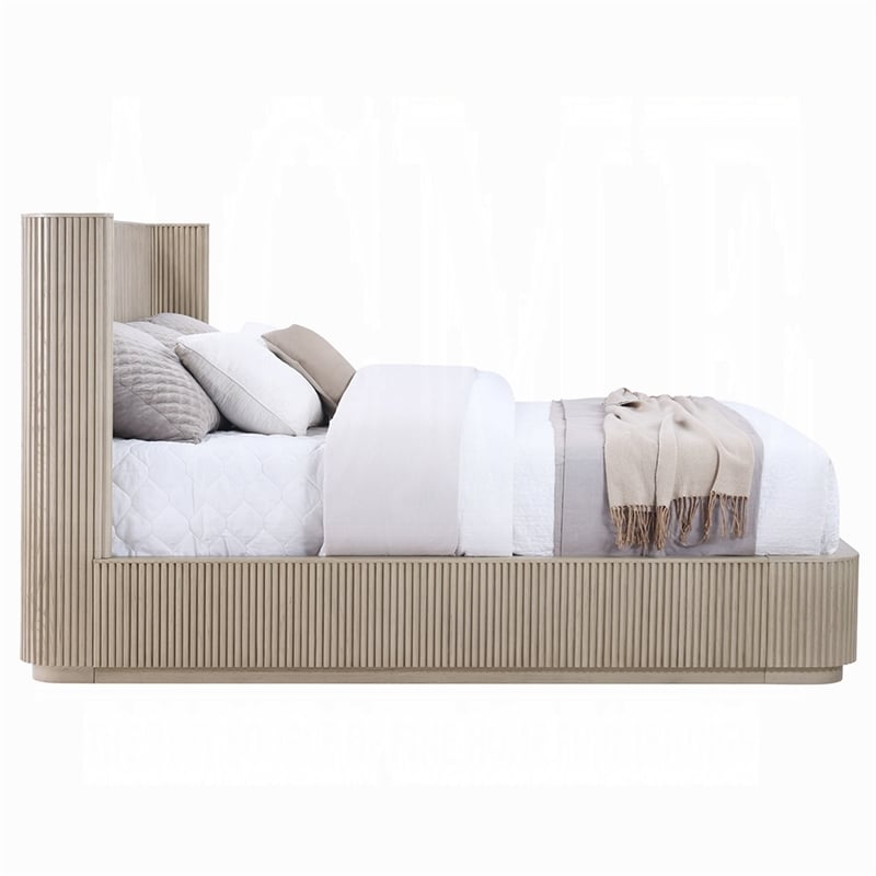 Dery Queen Size Bed- Reeded Headboard and Footboard Panels- Oak Brown