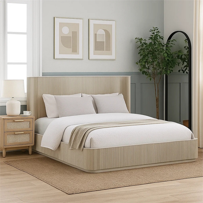 Dery Queen Size Bed- Reeded Headboard and Footboard Panels- Oak Brown