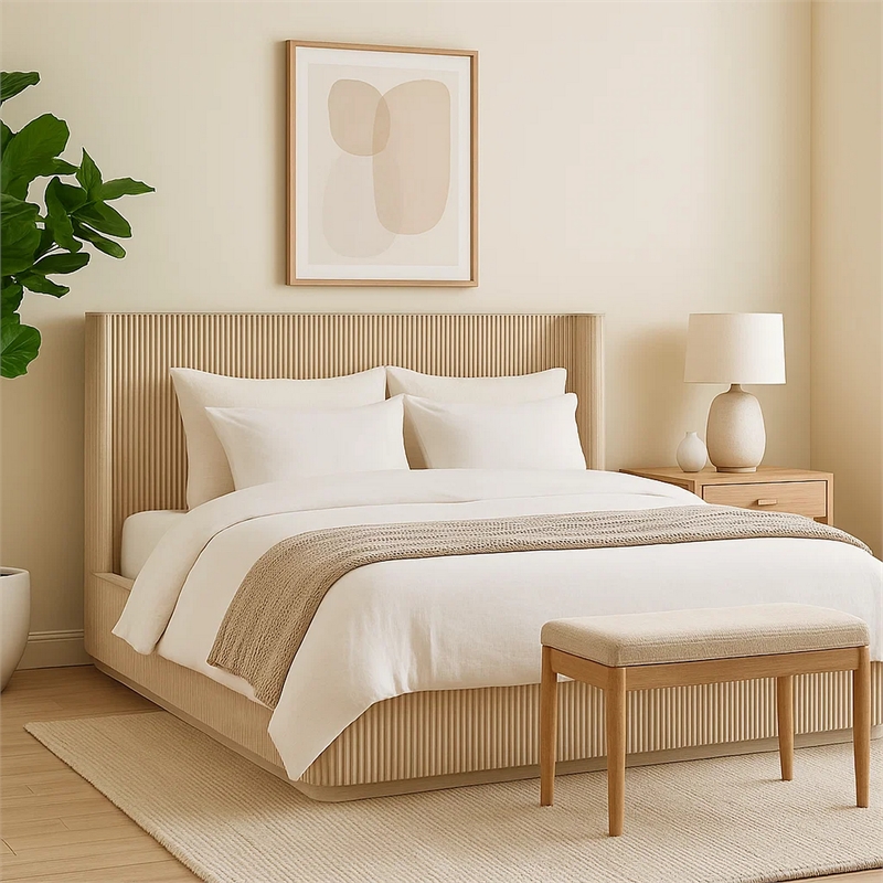 Dery Queen Size Bed- Reeded Headboard and Footboard Panels- Oak Brown