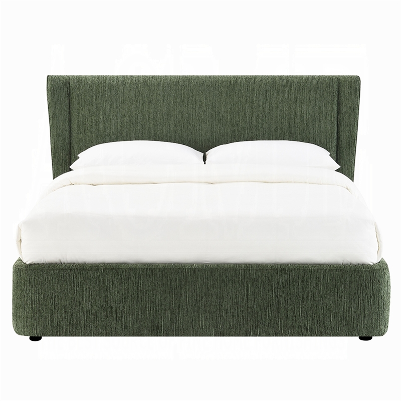 Wery Low Profile Queen Bed- Textured Green Upholstered Wingback Headboard