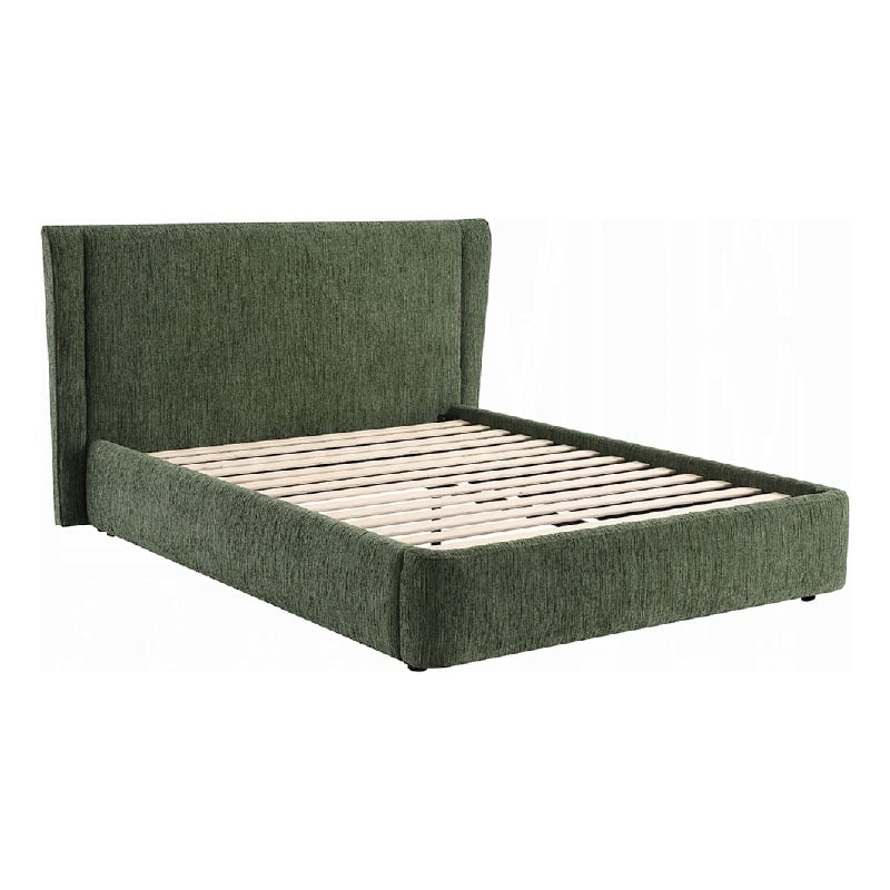 Wery Low Profile Queen Bed- Textured Green Upholstered Wingback Headboard