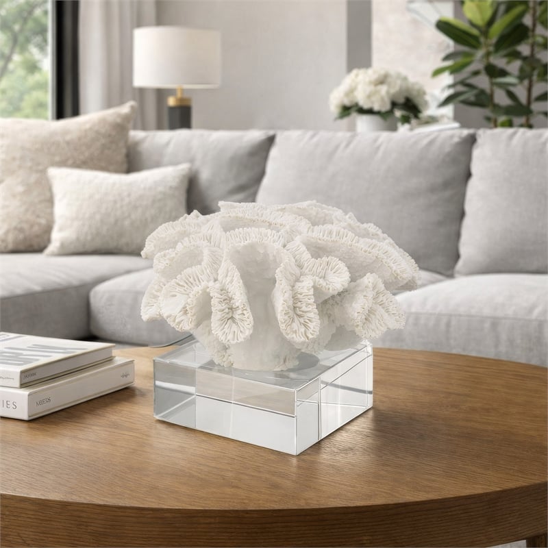 Davy Rising Faux Coral Accent- Clear Glass- Luxe White Polyresin 9 Inch