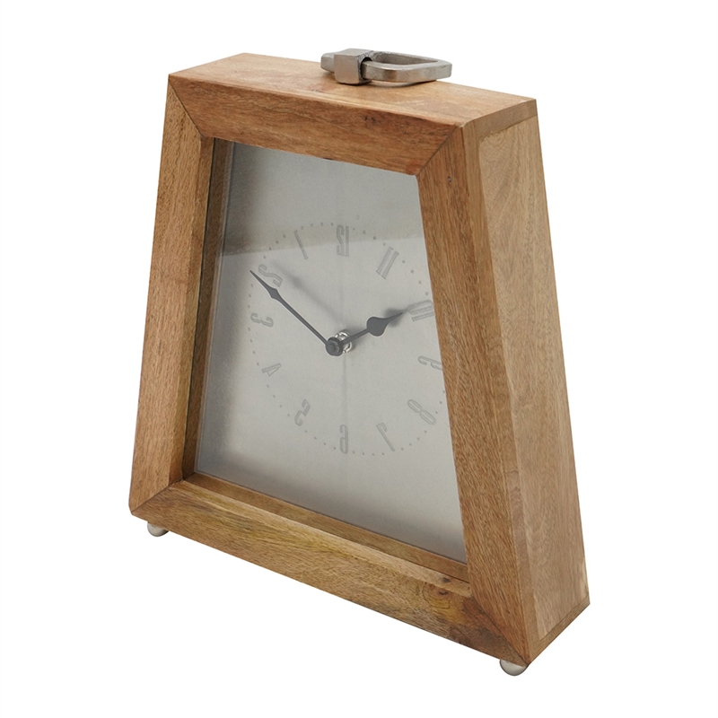 Lizzy Tapered Table Clock- Nickel-Tone Dial- Solid Mango Wood Frame 11 Inch