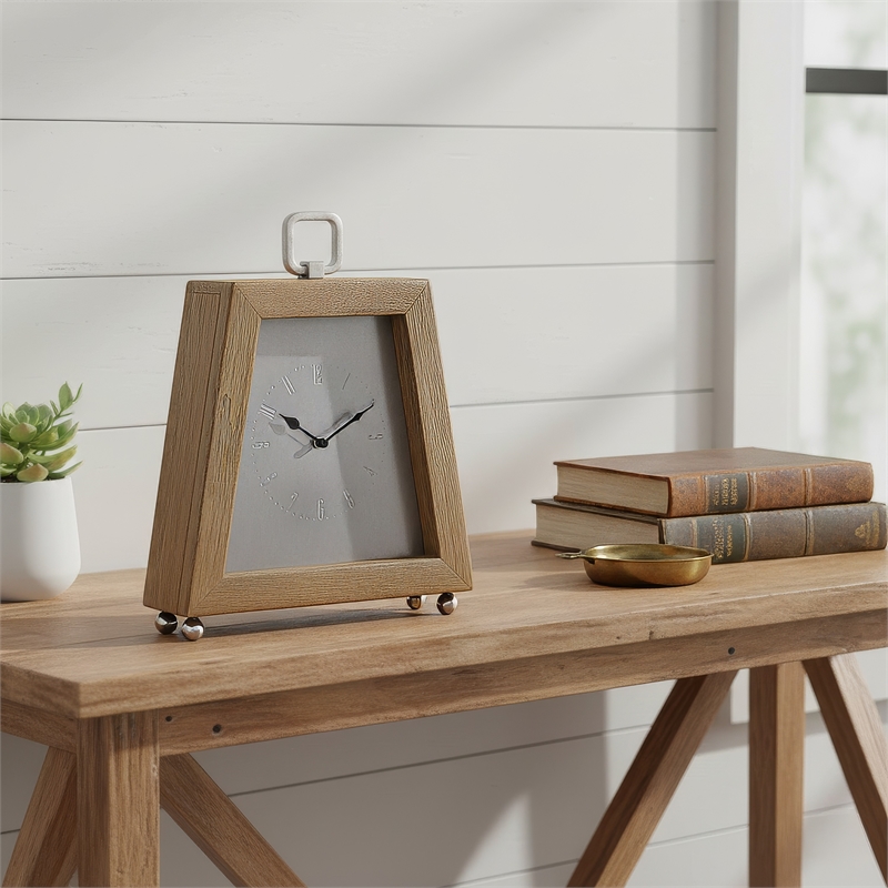 Lizzy Tapered Table Clock- Nickel-Tone Dial- Solid Mango Wood Frame 11 Inch