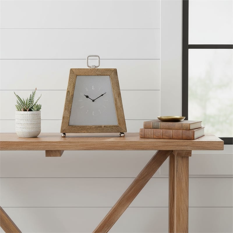 Lizzy Tapered Table Clock- Nickel-Tone Dial- Solid Mango Wood Frame 11 Inch