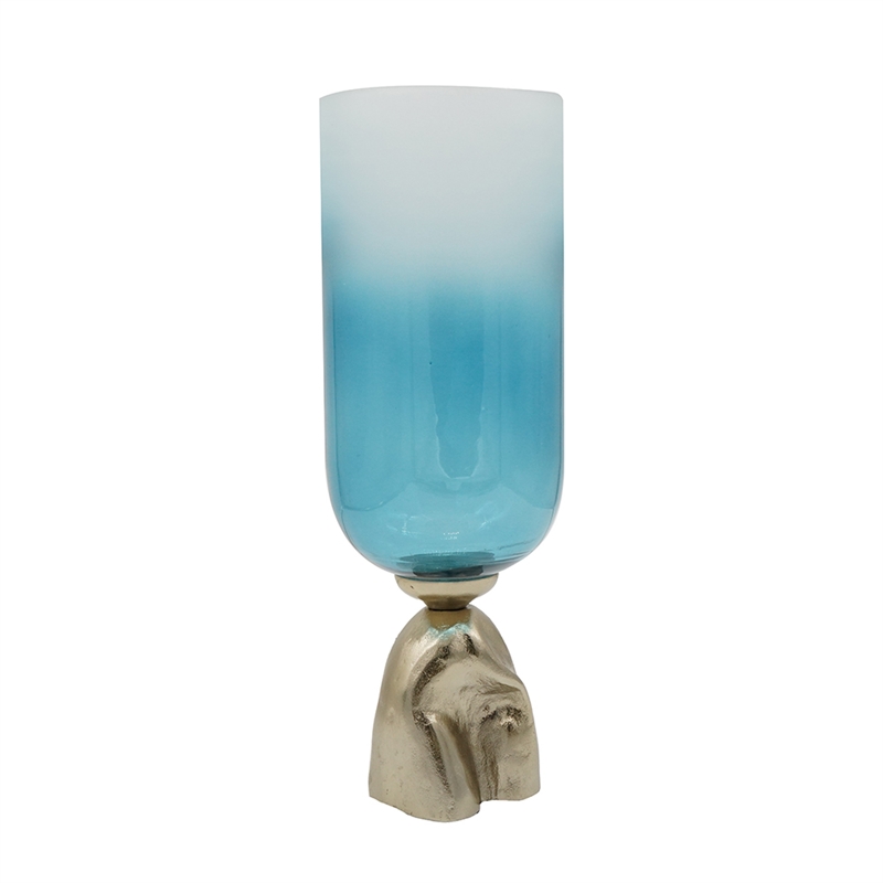 Joane Small Decorative Vase- Gold Aluminum Stand- Blue-White Glass 18 Inch