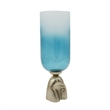Joane Small Decorative Vase- Gold Aluminum Stand- Blue-White Glass 18 Inch