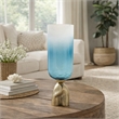 Joane Small Decorative Vase- Gold Aluminum Stand- Blue-White Glass 18 Inch