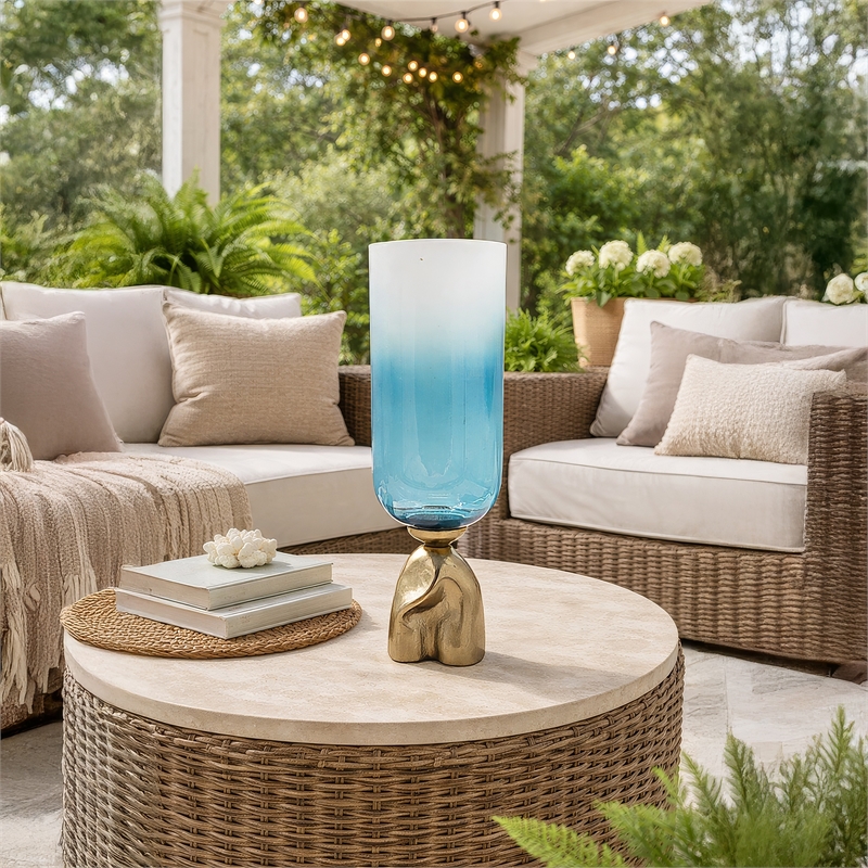 Joane Small Decorative Vase- Gold Aluminum Stand- Blue-White Glass 18 Inch