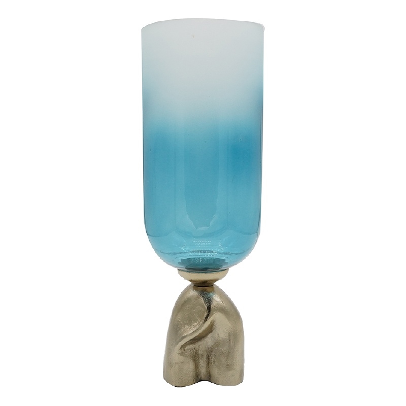 Joane Small Decorative Vase- Gold Aluminum Stand- Blue-White Glass 18 Inch