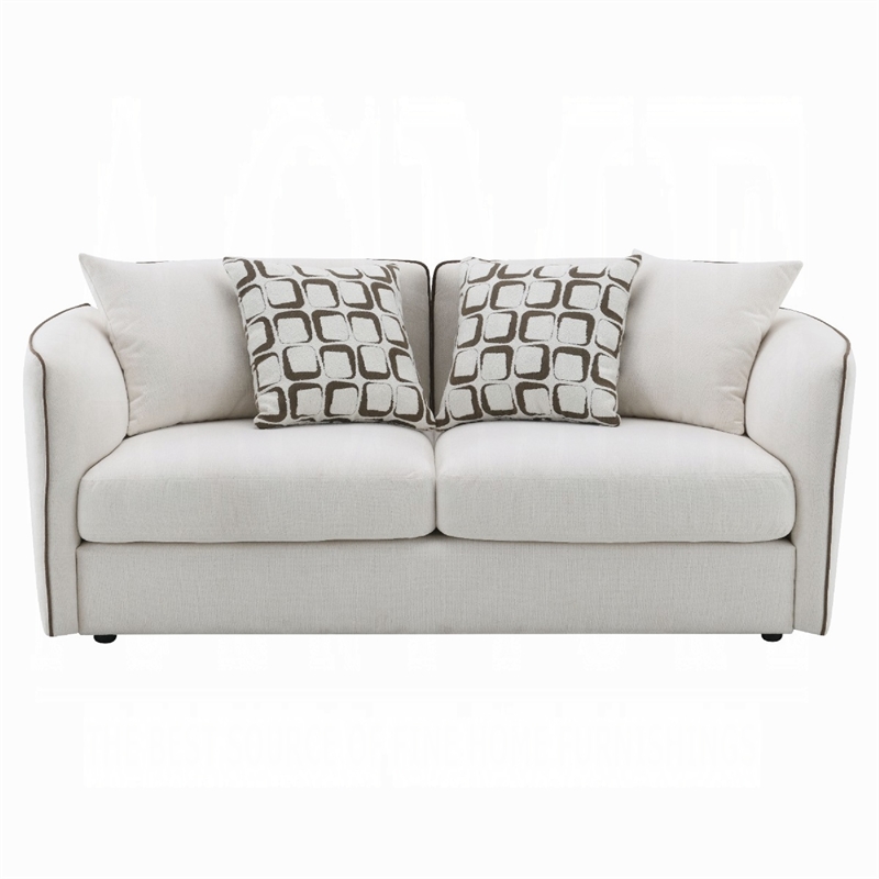Yoda Loveseat with 4 Pillows- Foam Beige Chenille- Brown Trim- 73 Inch