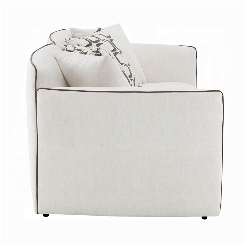 Yoda Loveseat with 4 Pillows- Foam Beige Chenille- Brown Trim- 73 Inch