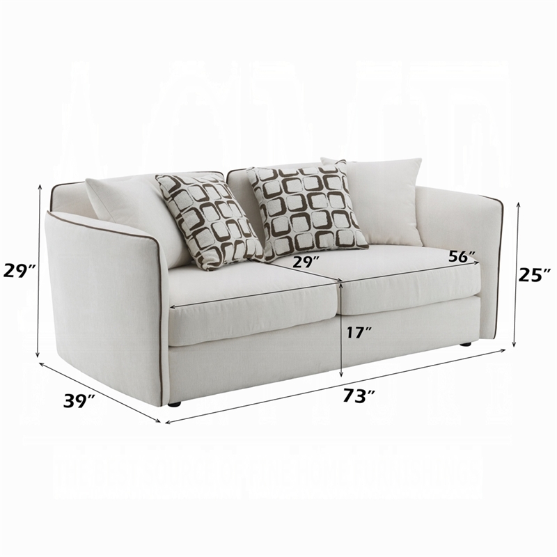Yoda Loveseat with 4 Pillows- Foam Beige Chenille- Brown Trim- 73 Inch
