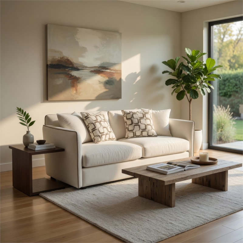 Yoda Loveseat with 4 Pillows- Foam Beige Chenille- Brown Trim- 73 Inch