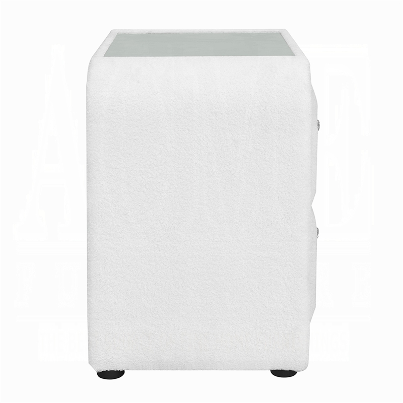 Kery Glass Top Nightstand- 2 Drawers- White Teddy Sherpa Upholstery