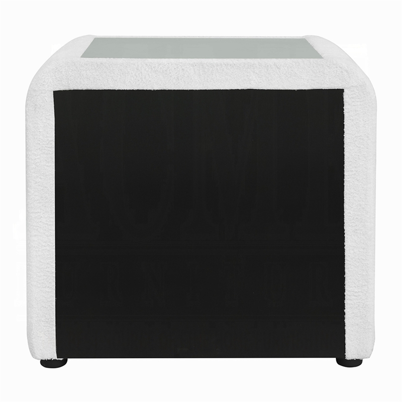 Kery Glass Top Nightstand- 2 Drawers- White Teddy Sherpa Upholstery