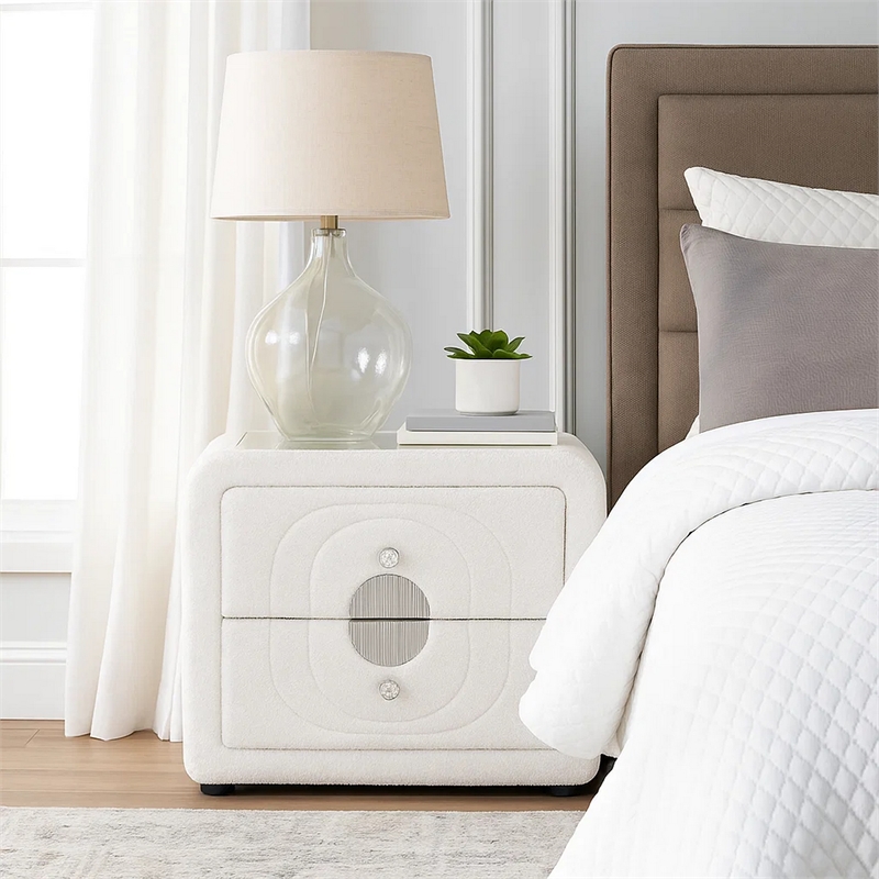 Kery Glass Top Nightstand- 2 Drawers- White Teddy Sherpa Upholstery